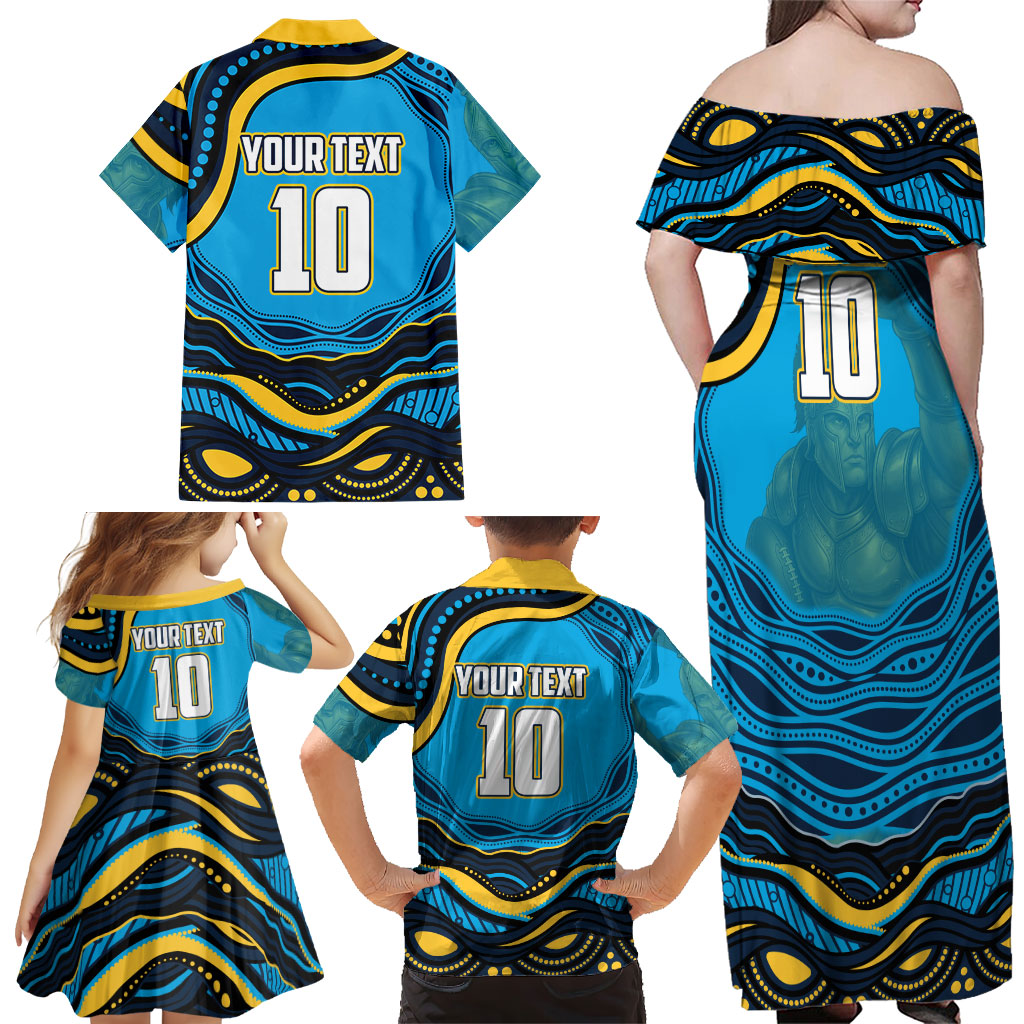 Personalized North Queensland Cowboys Family Matching Off Shoulder Maxi Dress and Hawaiian Shirt Aboriginal Dot Art - Dreamtime Rugby Mascot