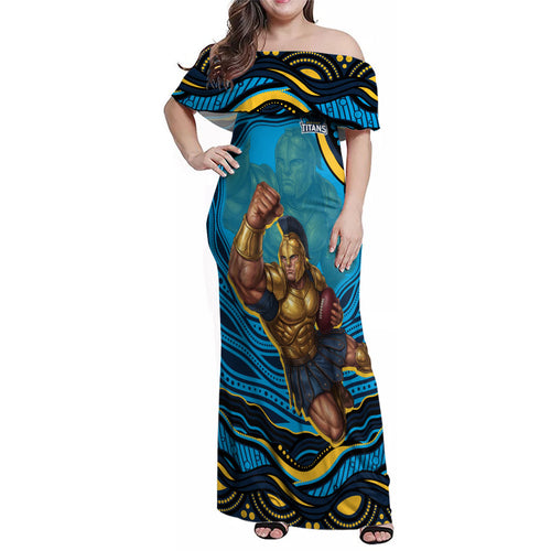 Personalized North Queensland Cowboys Family Matching Off Shoulder Maxi Dress and Hawaiian Shirt Aboriginal Dot Art - Dreamtime Rugby Mascot