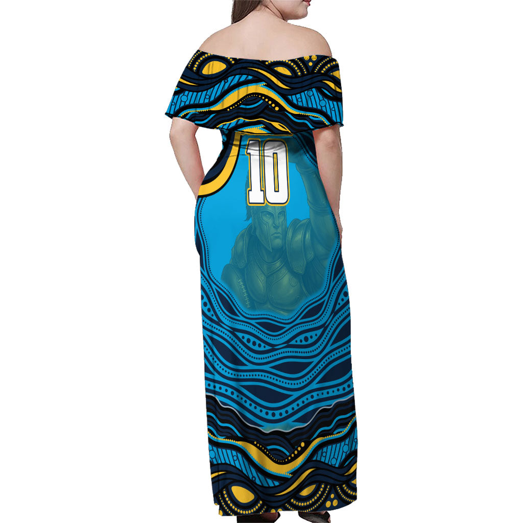 Personalized North Queensland Cowboys Family Matching Off Shoulder Maxi Dress and Hawaiian Shirt Aboriginal Dot Art - Dreamtime Rugby Mascot