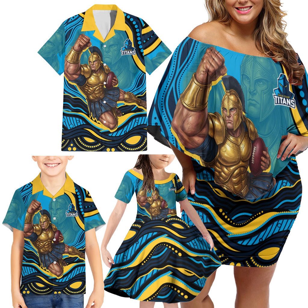 Personalized North Queensland Cowboys Family Matching Off Shoulder Short Dress and Hawaiian Shirt Aboriginal Dot Art - Dreamtime Rugby Mascot