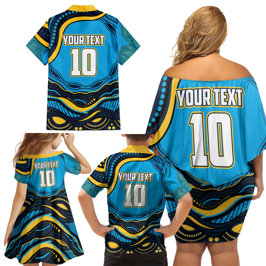 Personalized North Queensland Cowboys Family Matching Off Shoulder Short Dress and Hawaiian Shirt Aboriginal Dot Art - Dreamtime Rugby Mascot