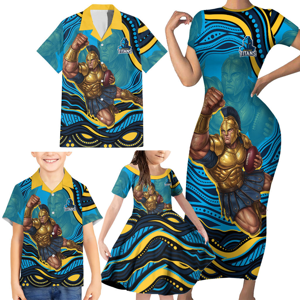 Personalized North Queensland Cowboys Family Matching Short Sleeve Bodycon Dress and Hawaiian Shirt Aboriginal Dot Art - Dreamtime Rugby Mascot