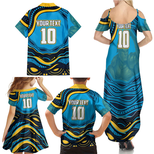 Personalized North Queensland Cowboys Family Matching Summer Maxi Dress and Hawaiian Shirt Aboriginal Dot Art - Dreamtime Rugby Mascot