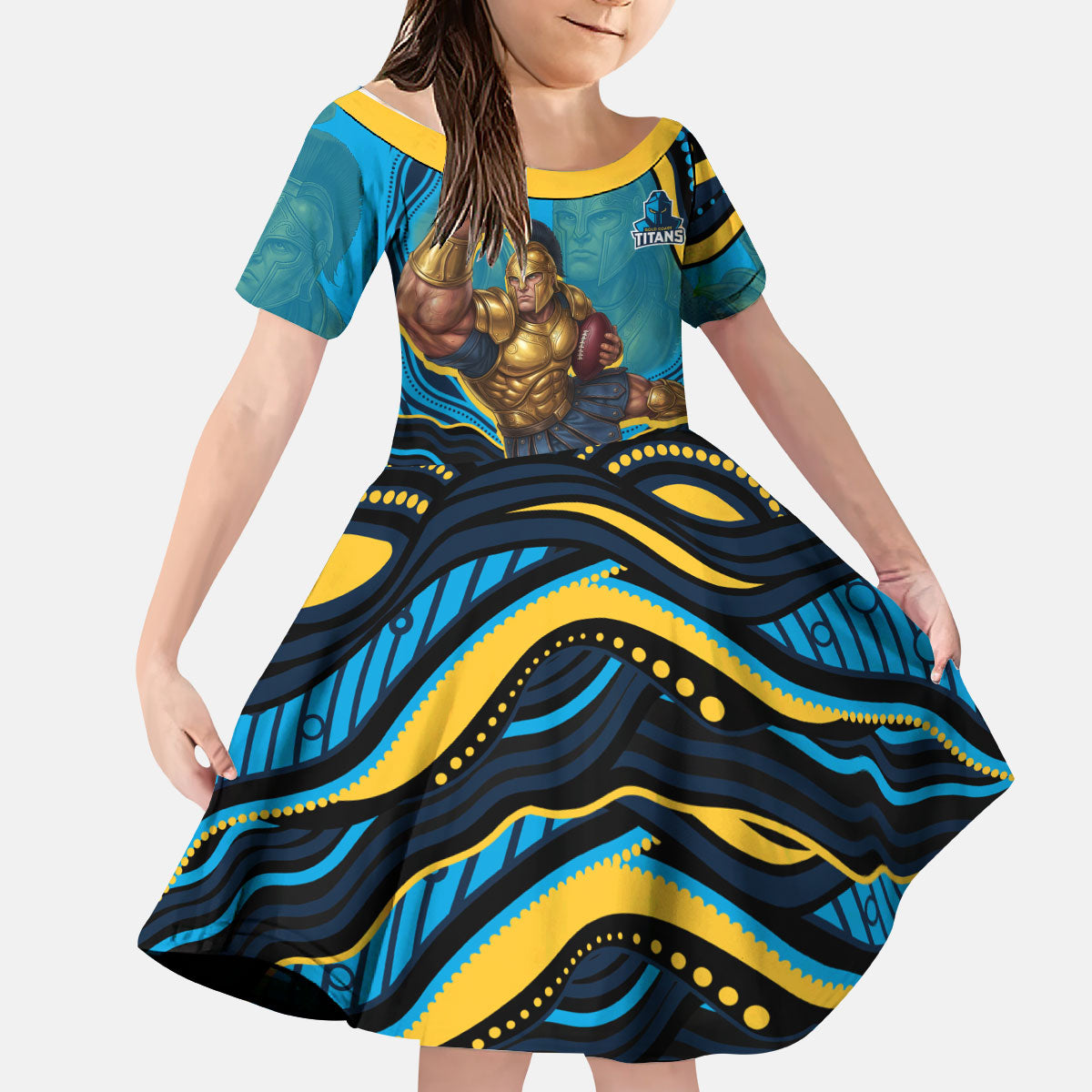 Personalized North Queensland Cowboys Kid Short Sleeve Dress Aboriginal Dot Art - Dreamtime Rugby Mascot