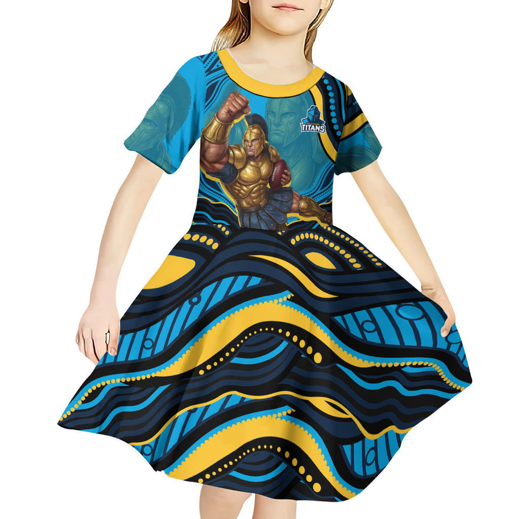 Personalized North Queensland Cowboys Kid Short Sleeve Dress Aboriginal Dot Art - Dreamtime Rugby Mascot
