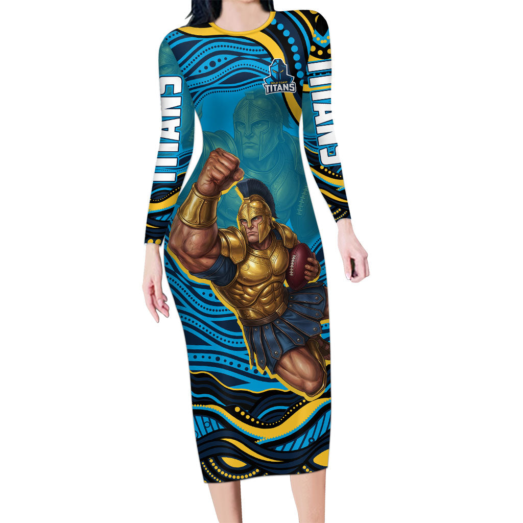 Personalized North Queensland Cowboys Long Sleeve Bodycon Dress Aboriginal Dot Art - Dreamtime Rugby Mascot