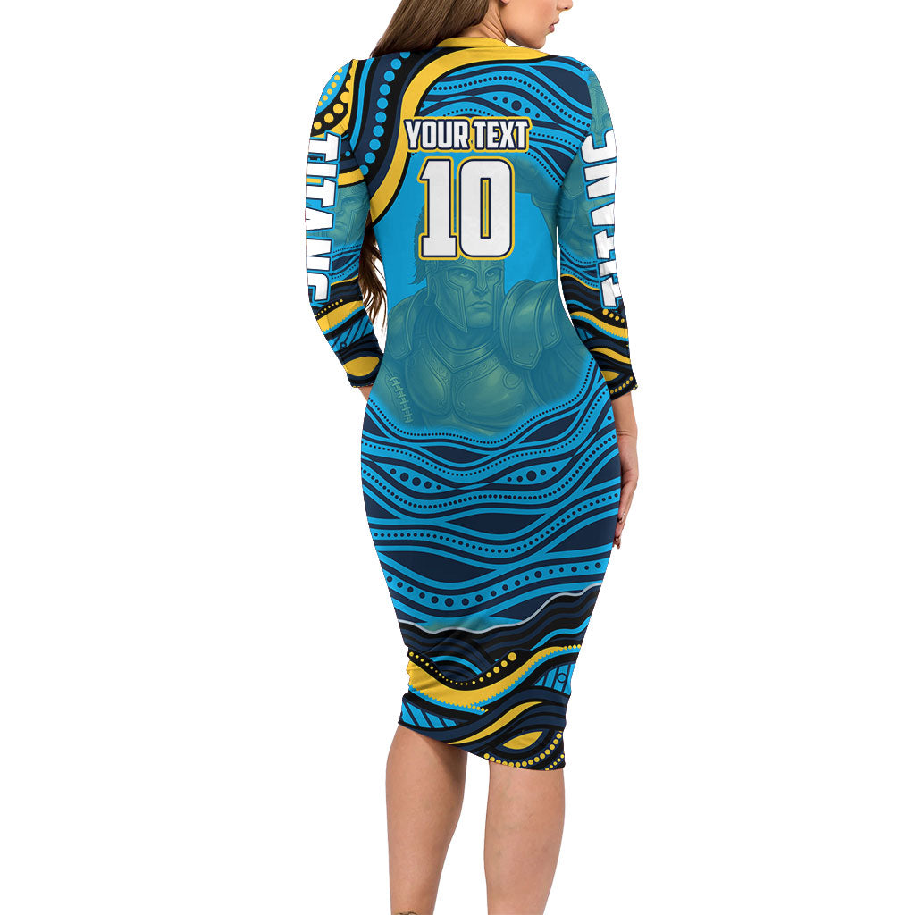 Personalized North Queensland Cowboys Long Sleeve Bodycon Dress Aboriginal Dot Art - Dreamtime Rugby Mascot