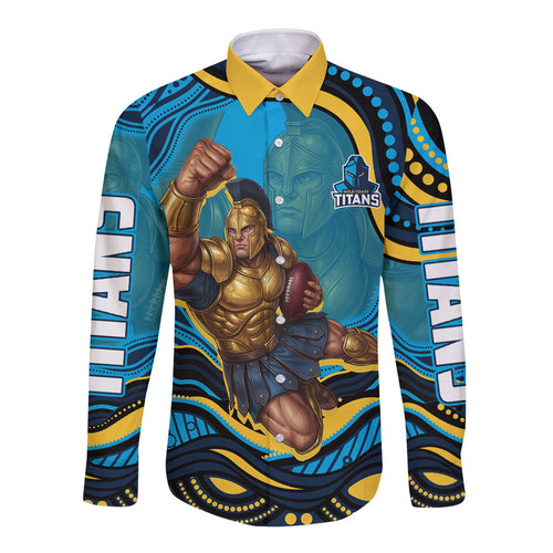 Personalized North Queensland Cowboys Long Sleeve Button Shirt Aboriginal Dot Art - Dreamtime Rugby Mascot