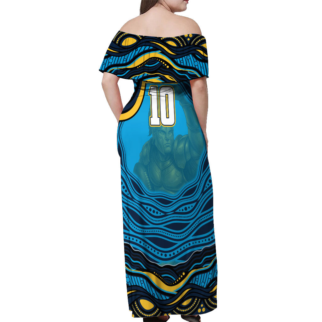 Personalized North Queensland Cowboys Off Shoulder Maxi Dress Aboriginal Dot Art - Dreamtime Rugby Mascot