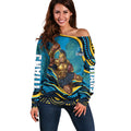 Personalized North Queensland Cowboys Off Shoulder Sweater Aboriginal Dot Art - Dreamtime Rugby Mascot