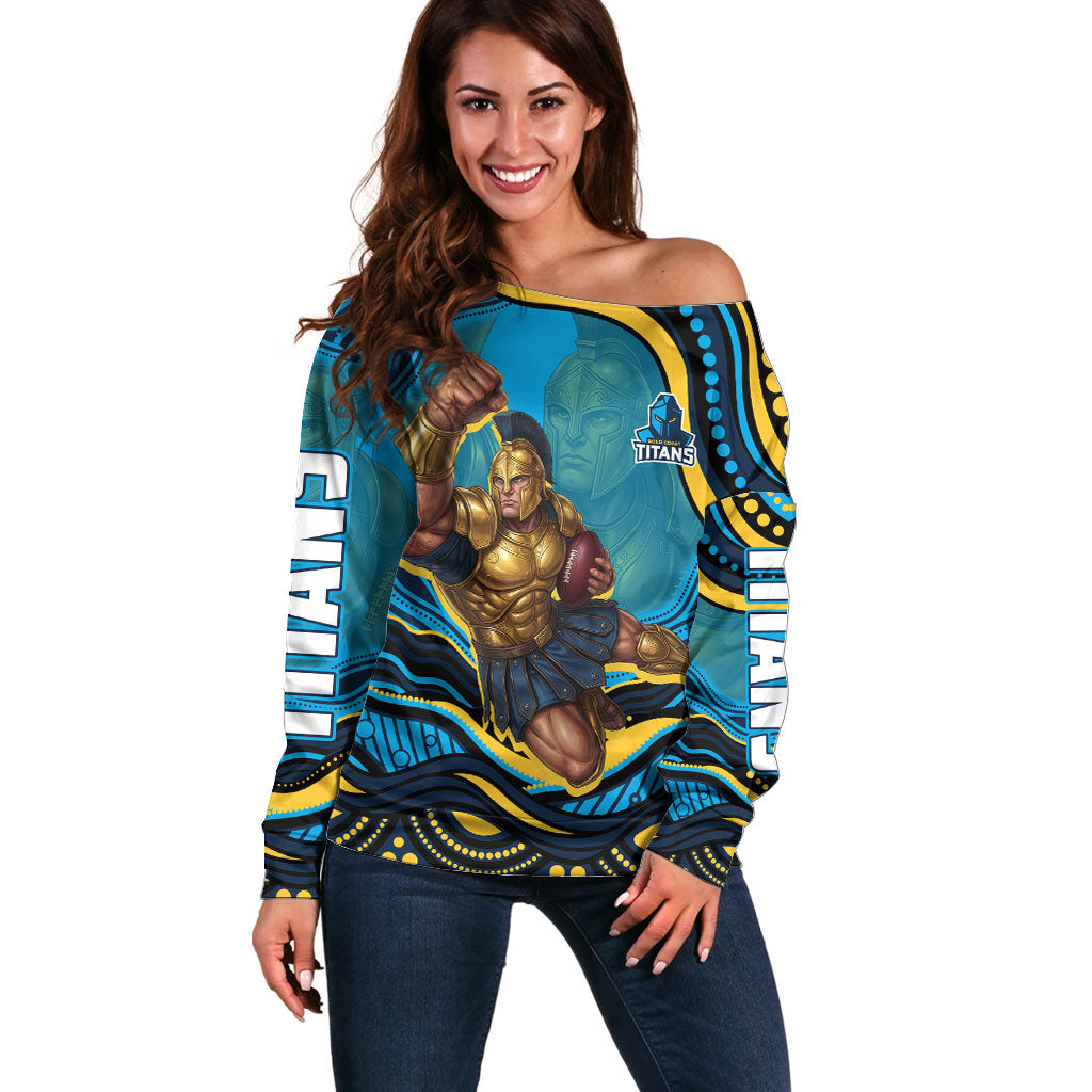 Personalized North Queensland Cowboys Off Shoulder Sweater Aboriginal Dot Art - Dreamtime Rugby Mascot