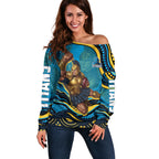 Personalized North Queensland Cowboys Off Shoulder Sweater Aboriginal Dot Art - Dreamtime Rugby Mascot