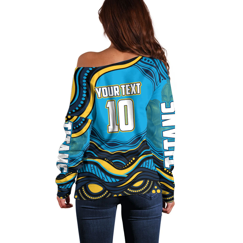 Personalized North Queensland Cowboys Off Shoulder Sweater Aboriginal Dot Art - Dreamtime Rugby Mascot