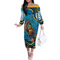 Personalized North Queensland Cowboys Off The Shoulder Long Sleeve Dress Aboriginal Dot Art - Dreamtime Rugby Mascot