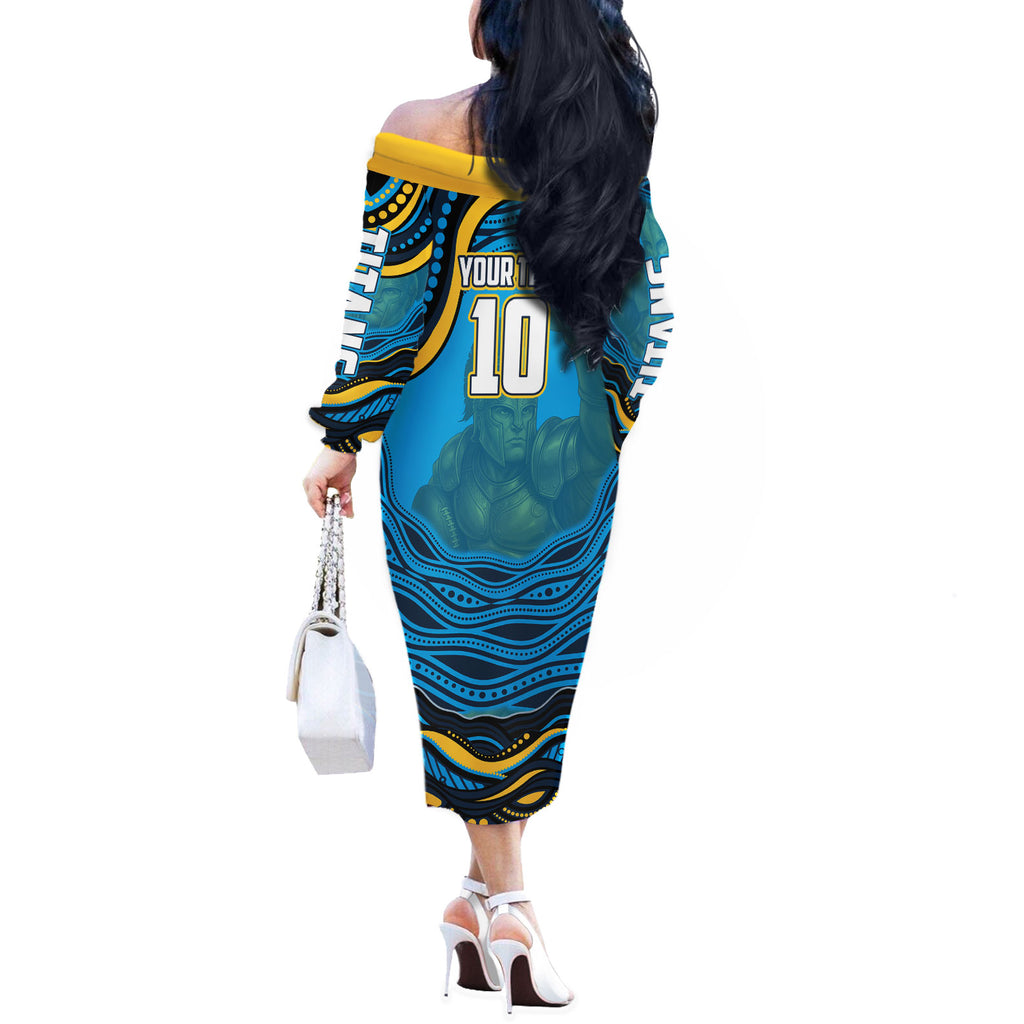 Personalized North Queensland Cowboys Off The Shoulder Long Sleeve Dress Aboriginal Dot Art - Dreamtime Rugby Mascot