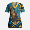 Personalized North Queensland Cowboys Scrub Top Aboriginal Dot Art - Dreamtime Rugby Mascot