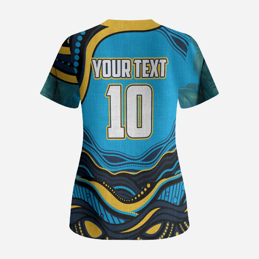 Personalized North Queensland Cowboys Scrub Top Aboriginal Dot Art - Dreamtime Rugby Mascot