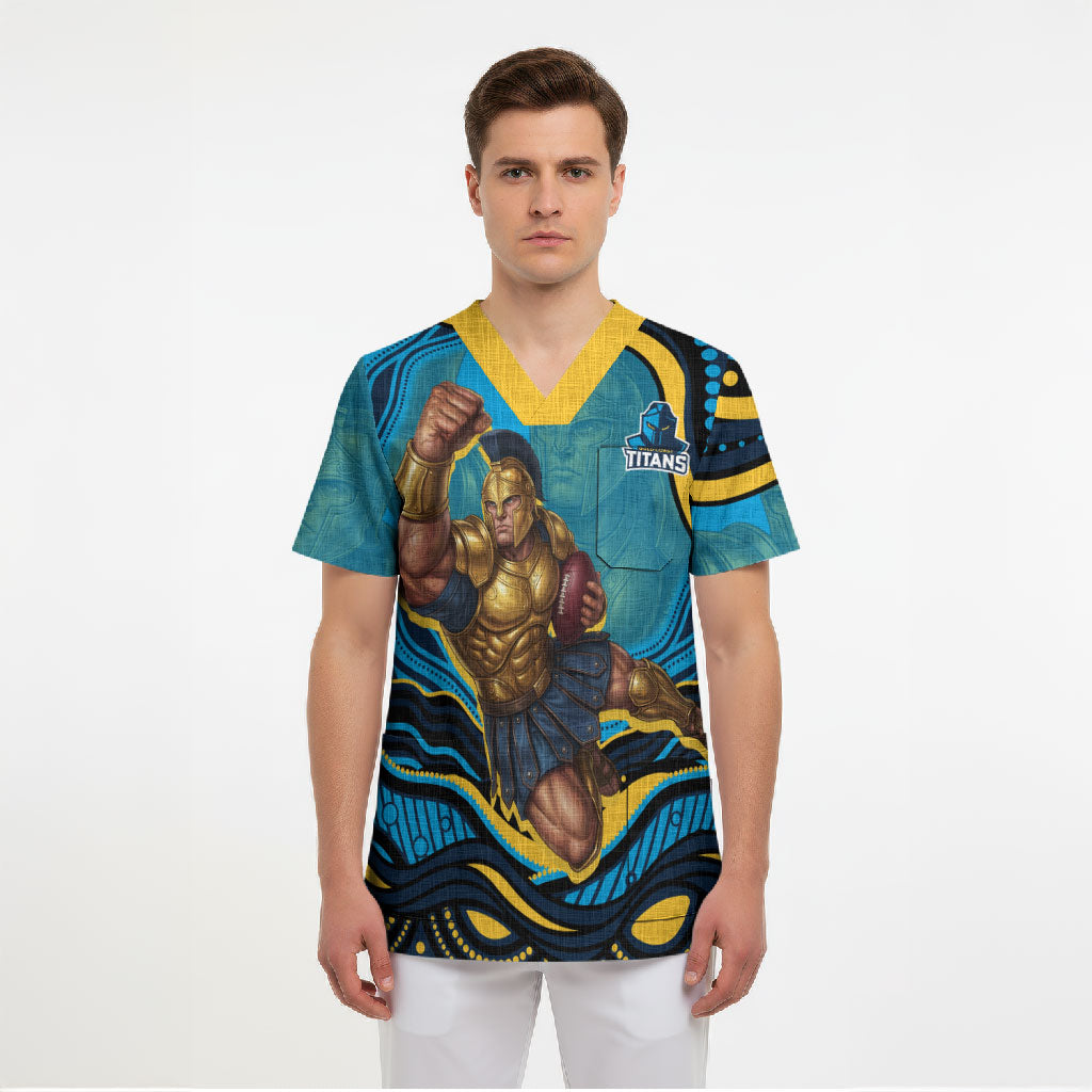 Personalized North Queensland Cowboys Scrub Top Aboriginal Dot Art - Dreamtime Rugby Mascot