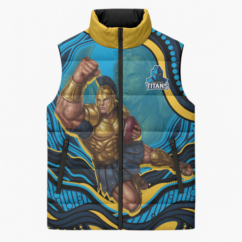 Personalized North Queensland Cowboys Sleeveless Puffer Jacket Aboriginal Dot Art - Dreamtime Rugby Mascot