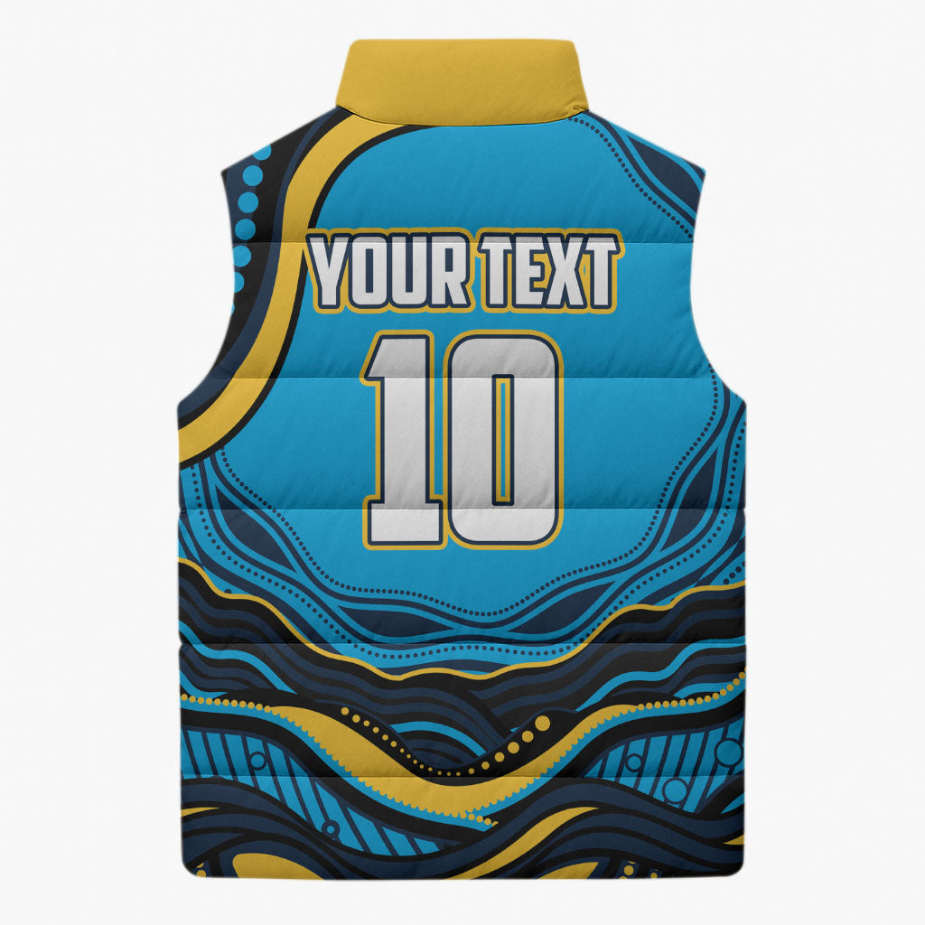 Personalized North Queensland Cowboys Sleeveless Puffer Jacket Aboriginal Dot Art - Dreamtime Rugby Mascot