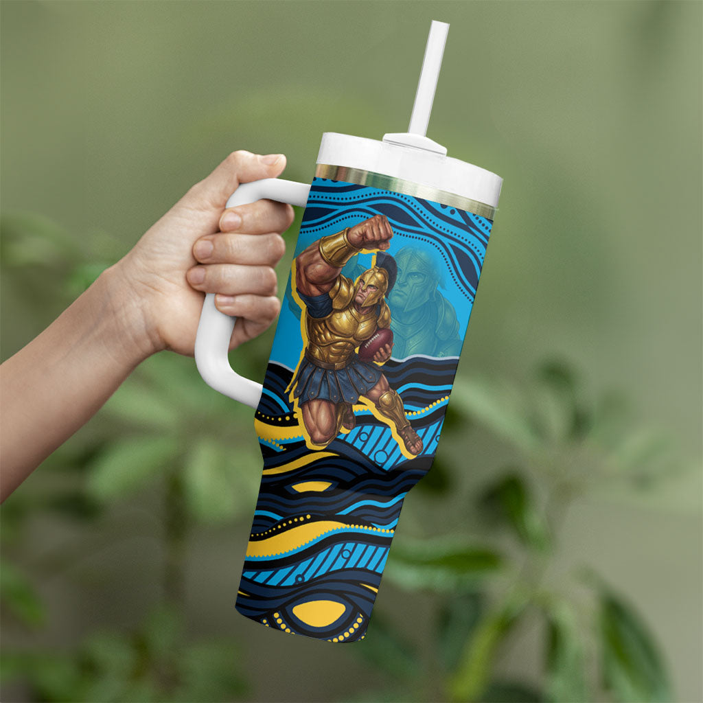 Personalized North Queensland Cowboys Tumbler With Handle Aboriginal Dot Art - Dreamtime Rugby Mascot