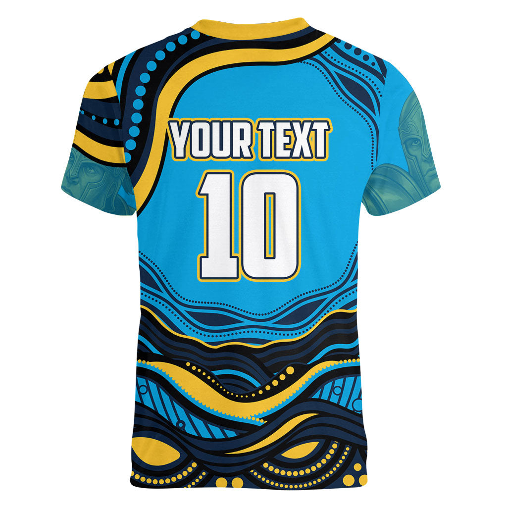 Personalized North Queensland Cowboys Women V-Neck T-Shirt Aboriginal Dot Art - Dreamtime Rugby Mascot
