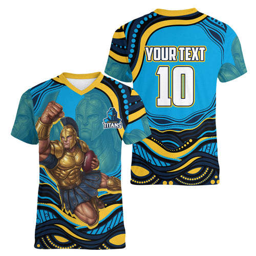 Personalized North Queensland Cowboys Women V-Neck T-Shirt Aboriginal Dot Art - Dreamtime Rugby Mascot