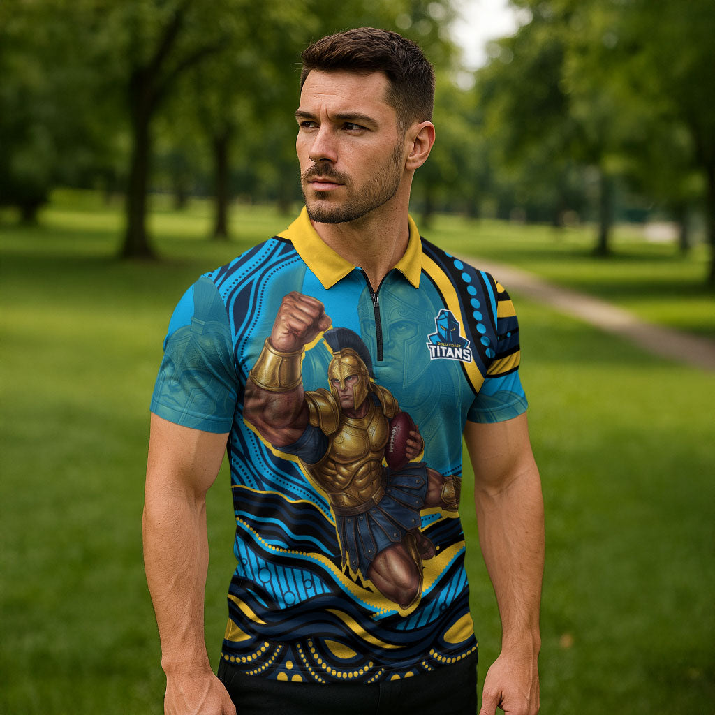 Personalized North Queensland Cowboys Zipper Polo Shirt Aboriginal Dot Art - Dreamtime Rugby Mascot