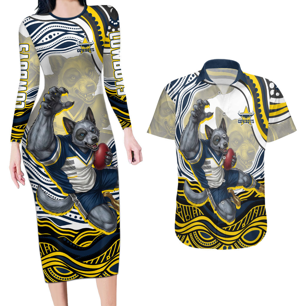 Personalized Melbourne Storm Couples Matching Long Sleeve Bodycon Dress and Hawaiian Shirt Aboriginal Dot Art - Dreamtime Rugby Mascot