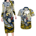Personalized Melbourne Storm Couples Matching Long Sleeve Bodycon Dress and Hawaiian Shirt Aboriginal Dot Art - Dreamtime Rugby Mascot