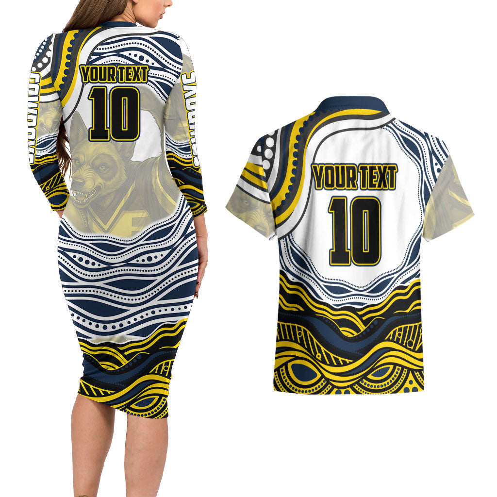 Personalized Melbourne Storm Couples Matching Long Sleeve Bodycon Dress and Hawaiian Shirt Aboriginal Dot Art - Dreamtime Rugby Mascot