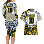 Personalized Melbourne Storm Couples Matching Long Sleeve Bodycon Dress and Hawaiian Shirt Aboriginal Dot Art - Dreamtime Rugby Mascot