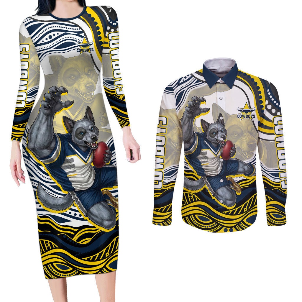 Personalized Melbourne Storm Couples Matching Long Sleeve Bodycon Dress and Long Sleeve Button Shirt Aboriginal Dot Art - Dreamtime Rugby Mascot