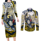 Personalized Melbourne Storm Couples Matching Long Sleeve Bodycon Dress and Long Sleeve Button Shirt Aboriginal Dot Art - Dreamtime Rugby Mascot
