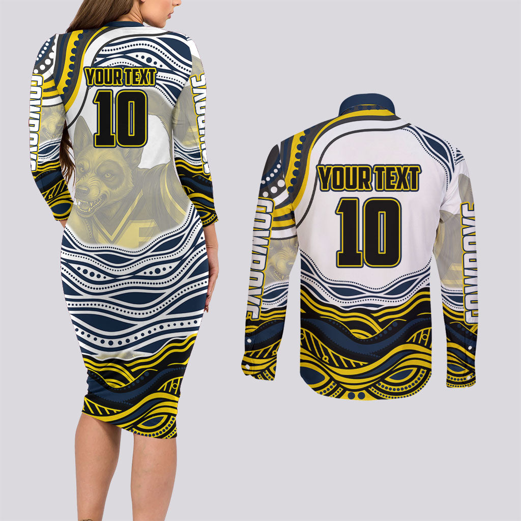 Personalized Melbourne Storm Couples Matching Long Sleeve Bodycon Dress and Long Sleeve Button Shirt Aboriginal Dot Art - Dreamtime Rugby Mascot