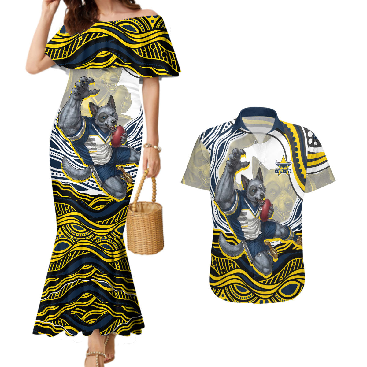 Personalized Melbourne Storm Couples Matching Mermaid Dress and Hawaiian Shirt Aboriginal Dot Art - Dreamtime Rugby Mascot