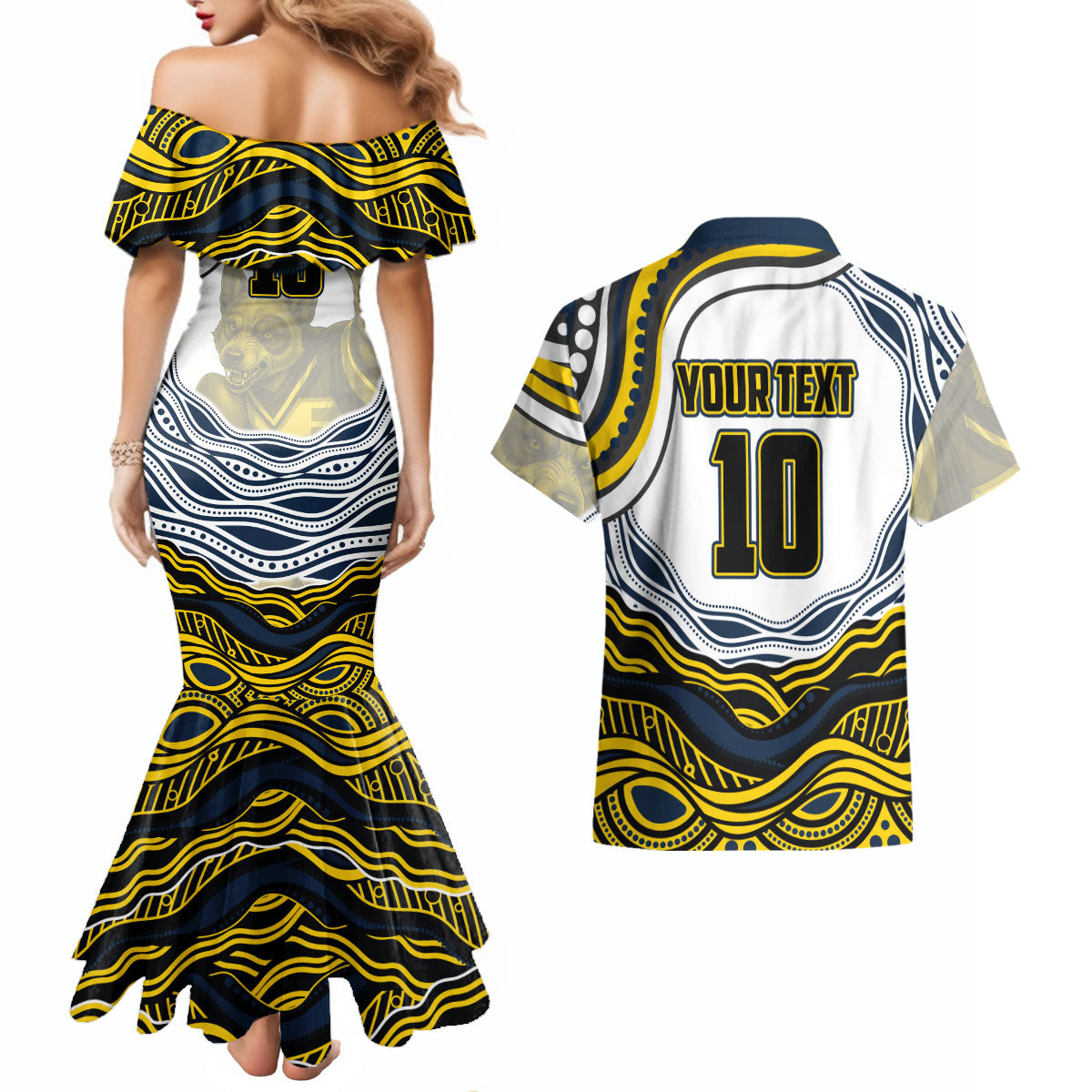 Personalized Melbourne Storm Couples Matching Mermaid Dress and Hawaiian Shirt Aboriginal Dot Art - Dreamtime Rugby Mascot
