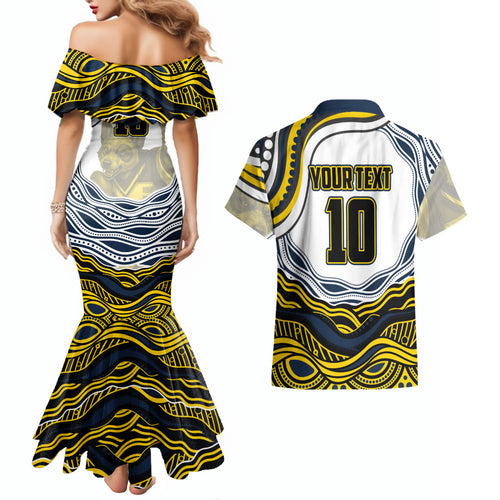 Personalized Melbourne Storm Couples Matching Mermaid Dress and Hawaiian Shirt Aboriginal Dot Art - Dreamtime Rugby Mascot