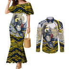 Personalized Melbourne Storm Couples Matching Mermaid Dress and Long Sleeve Button Shirt Aboriginal Dot Art - Dreamtime Rugby Mascot