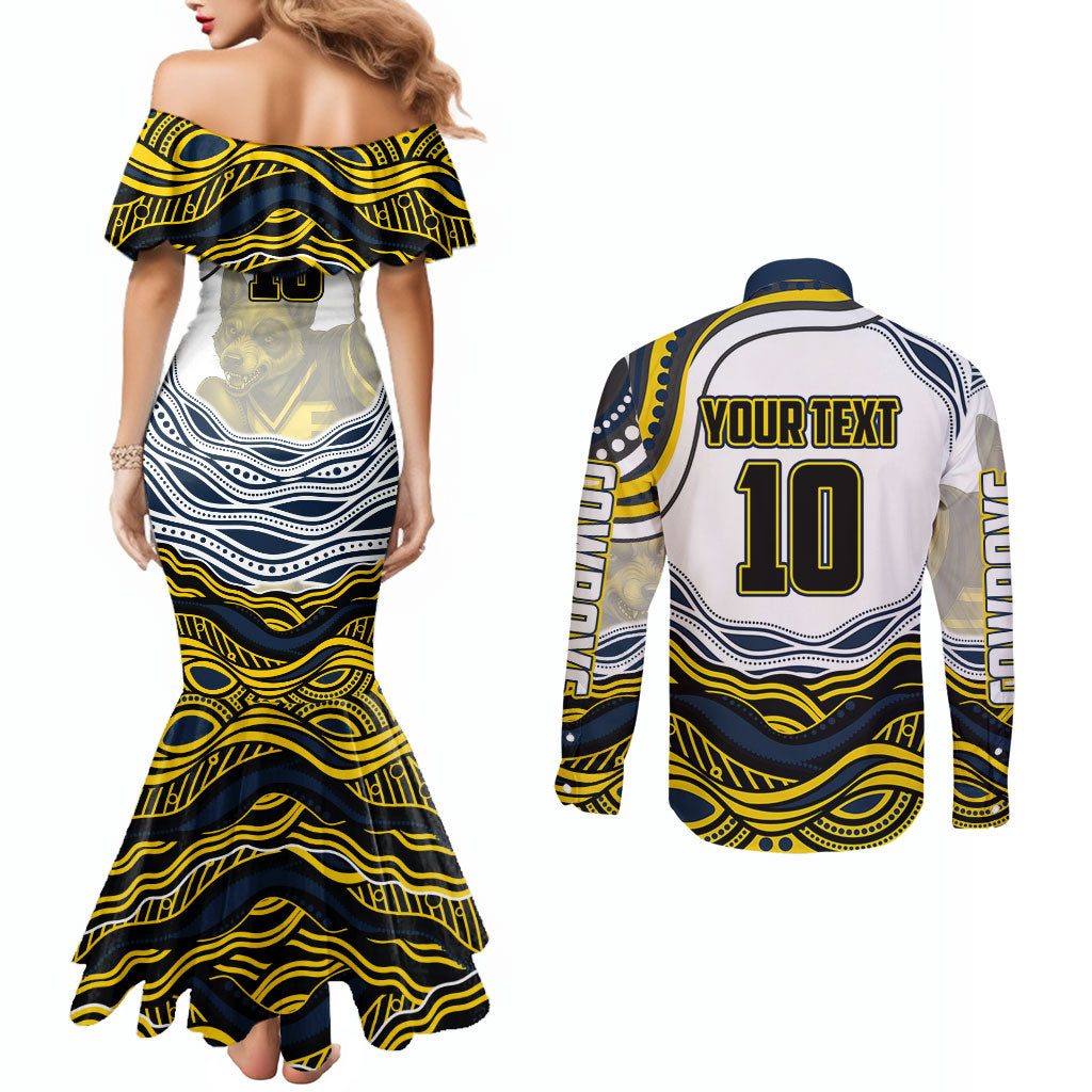Personalized Melbourne Storm Couples Matching Mermaid Dress and Long Sleeve Button Shirt Aboriginal Dot Art - Dreamtime Rugby Mascot