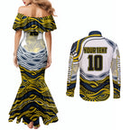 Personalized Melbourne Storm Couples Matching Mermaid Dress and Long Sleeve Button Shirt Aboriginal Dot Art - Dreamtime Rugby Mascot