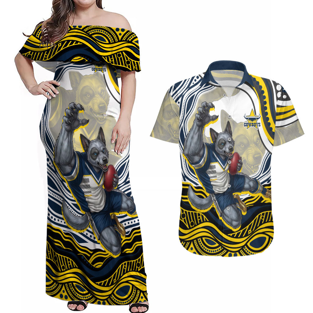 Personalized Melbourne Storm Couples Matching Off Shoulder Maxi Dress and Hawaiian Shirt Aboriginal Dot Art - Dreamtime Rugby Mascot