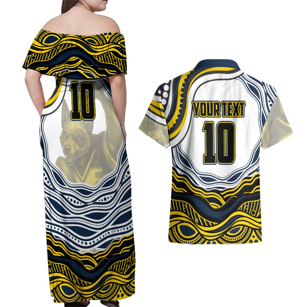 Personalized Melbourne Storm Couples Matching Off Shoulder Maxi Dress and Hawaiian Shirt Aboriginal Dot Art - Dreamtime Rugby Mascot
