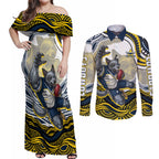 Personalized Melbourne Storm Couples Matching Off Shoulder Maxi Dress and Long Sleeve Button Shirt Aboriginal Dot Art - Dreamtime Rugby Mascot