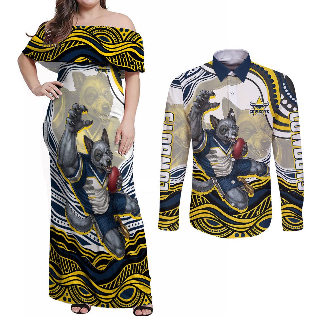 Personalized Melbourne Storm Couples Matching Off Shoulder Maxi Dress and Long Sleeve Button Shirt Aboriginal Dot Art - Dreamtime Rugby Mascot