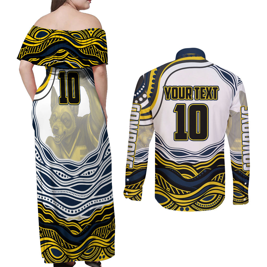 Personalized Melbourne Storm Couples Matching Off Shoulder Maxi Dress and Long Sleeve Button Shirt Aboriginal Dot Art - Dreamtime Rugby Mascot