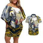 Personalized Melbourne Storm Couples Matching Off Shoulder Short Dress and Hawaiian Shirt Aboriginal Dot Art - Dreamtime Rugby Mascot