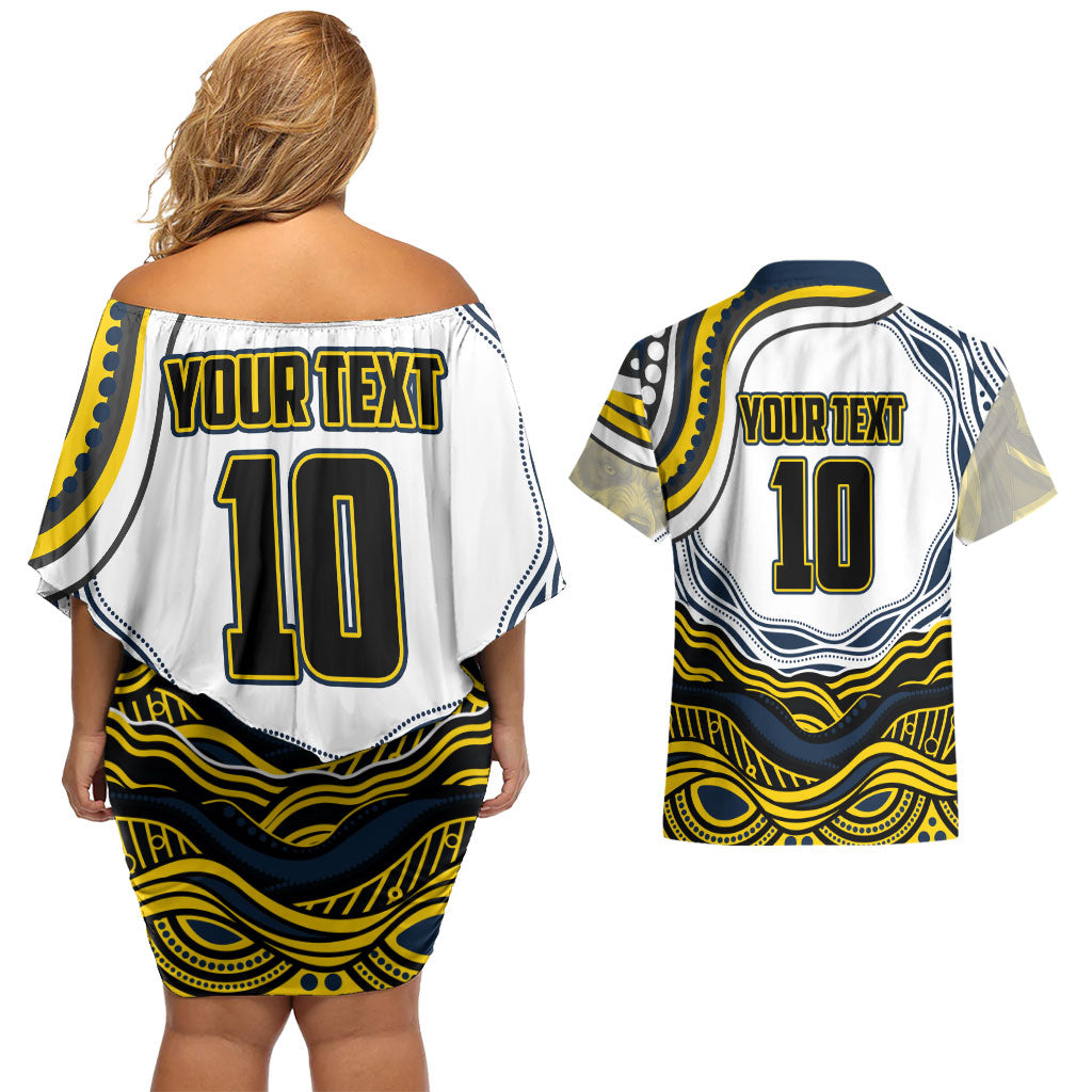 Personalized Melbourne Storm Couples Matching Off Shoulder Short Dress and Hawaiian Shirt Aboriginal Dot Art - Dreamtime Rugby Mascot