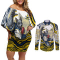 Personalized Melbourne Storm Couples Matching Off Shoulder Short Dress and Long Sleeve Button Shirt Aboriginal Dot Art - Dreamtime Rugby Mascot