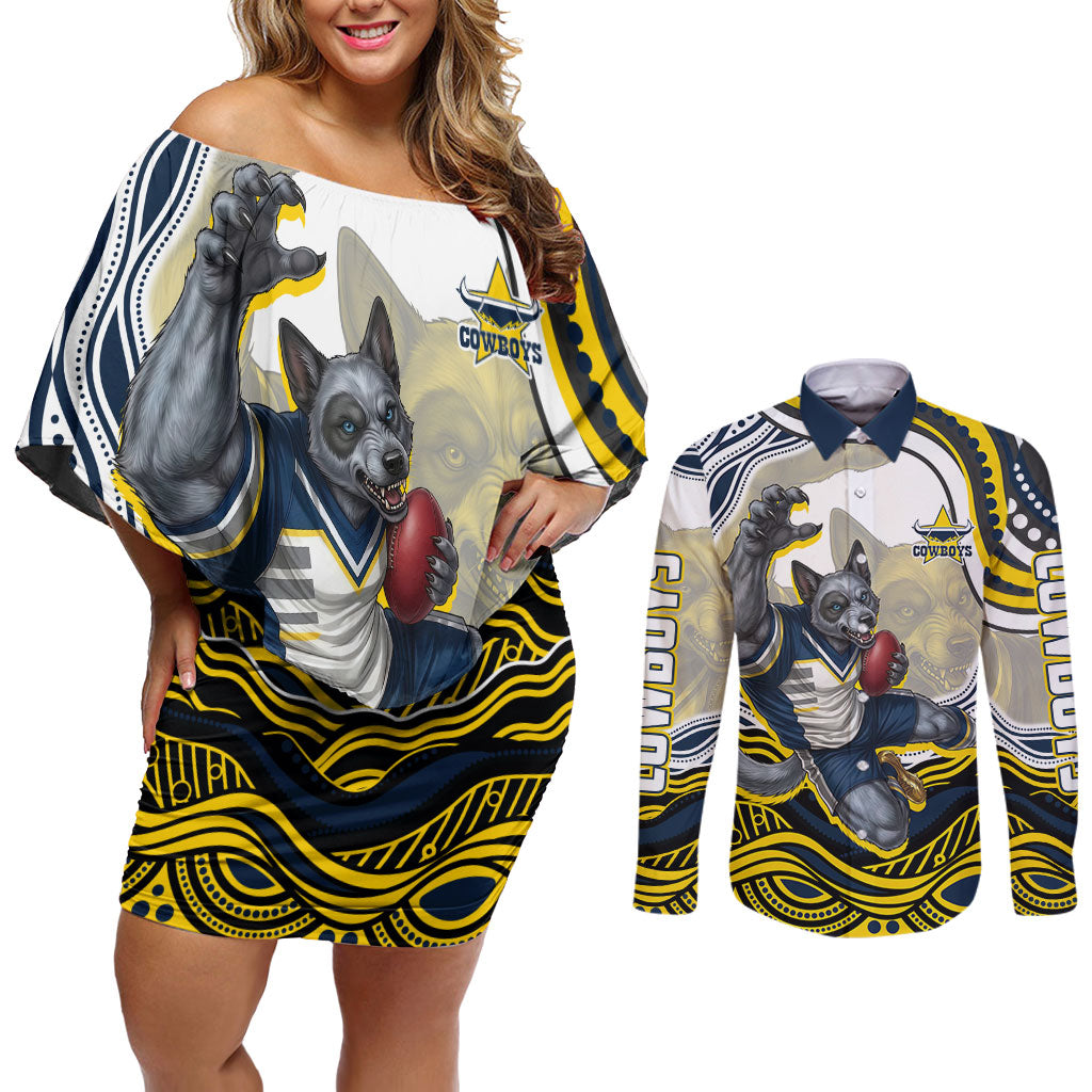 Personalized Melbourne Storm Couples Matching Off Shoulder Short Dress and Long Sleeve Button Shirt Aboriginal Dot Art - Dreamtime Rugby Mascot